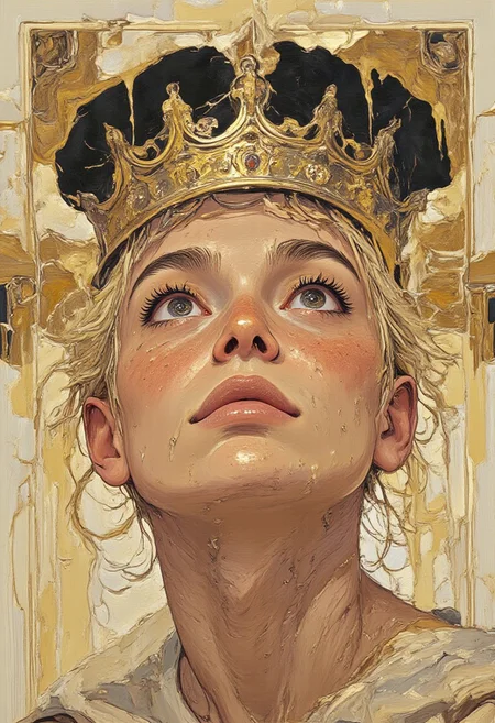 A surreal close-up of a human face. The person appears to be looking upward. Above the head is a crown, which seems to be melting, with golden liquid dripping down onto the face. The drawing uses a combination of line work and golden paint, which creates a striking contrast against the muted background. <lora:FLUX-daubrez-DB4RZ:0.83> DB4RZ, DB4RZ style painting, <lora:ILLUSTRATION_2_FLUX v2:0.53> <lora:Fantastic Realism - s0_8 g4:0.43> f4nt4st1c,