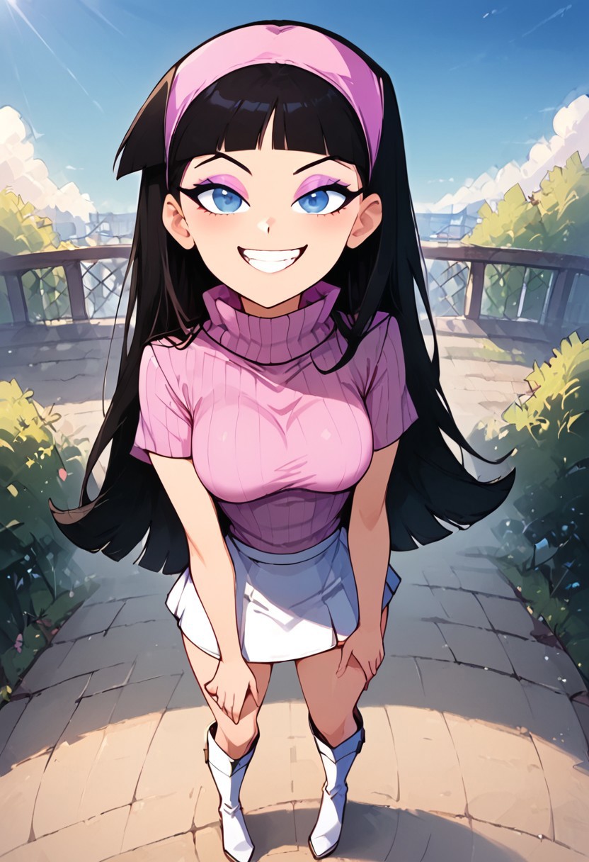 source_cartoon, PonyXLV6_Scores, absurd resolution, best quality, ultra-detailed, perfect anatomy, perfect eyes, <lora:xl_more_art-full_v1:0.7>, <lora:Detailed_anime_style:0.4>, <lora:LCM&TurboMix:1.0>, <lora:Expressiveh:0.5>, Expressiveh, (four fingers and one thumb on each hand), perfect hands, perfect feet, BREAK 1girl, full body, <lora:trixie_adult_cartoon-10:1.0>, TrixieFOP, black hair, long hair, blunt bangs, blue eyes, pink headband, lilac eyeshadow, slim sexy body, small breasts, short girl, cute pose, charming, proud, looking at viewer, smug, grin, ((pink turtleneck sweater, short sleeves,), (white skirt, miniskirt,), white boots, (white boots, thigh-high boots,),), cowboy shot, BREAK (courtyard, outdoors,),