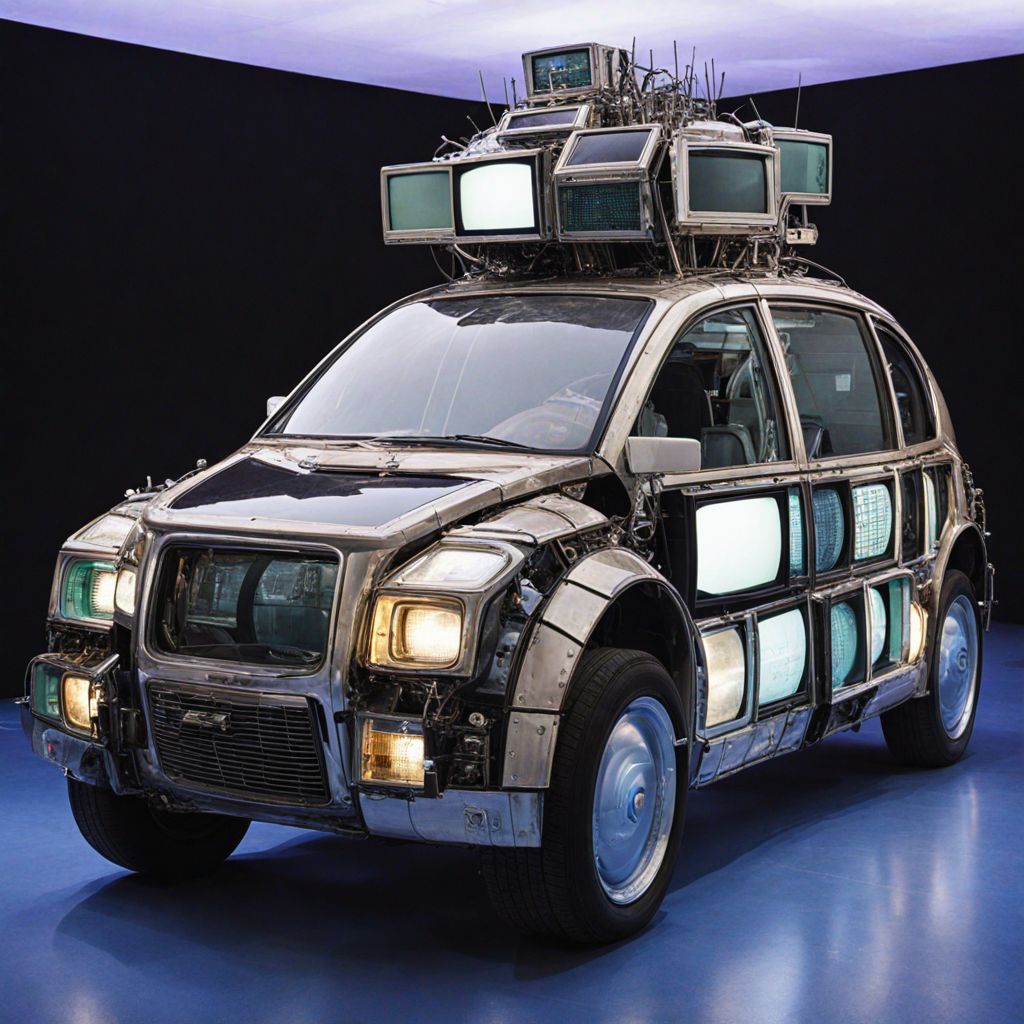 A photo a cybernetic car made out of old CRT screens  <lora:Made_out_of_old_CRT_screens_-_SDXL_LoRA:0.8>