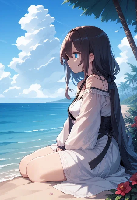 score_9, score_8_up, score_7_up, 1girl, solo, DeadflowP, (split eyes), scenery, (big breasts:0.8). (wide thighs:1.1), (wide hips:1.1), (mature woman:1.1), (high definition eyes:1.2), (best illumination, best shadow, masterpiece, high quality), colorful, lively, summer feel, many bright colors, beautiful woman with light summer clothes, loose hair, sitting on a beach with crystal clear water and white sand, bright blue sky, standing, side view,