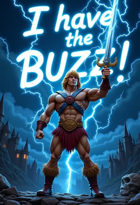 the lightning bolts in the sky form text that read:"I have the buzz!", lightning bolts falling on he-man and emanating white electric bolts and rays of powerful electricity through his body,night background,black eyes,thick eyebrows,he-man,sword,power sword,lightning,1boy,muscular male, light skin male,blonde hair, short hair,huge muscular body,he-man dressed in a metal battle harness and a leather loincloth and brown boots and golden munequeras, standing on a stone floor and behind him is Castle Grayskull while he raises with his right hand the power sword while a lightning bolt falls on the sword from the sky, cloudy sky, masters of the universe, castle, castle grayskull, words in the sky written with lightning bolts that say "I need buzz for more power", powerful,
aidmatextimprover