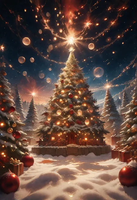 score_9, score_8_up, score_7_up, detailed, detailed shadows, r0b0t_s4nta_c1aus, magicalchristmas, christmas tree, outside, stars, sparkles, bubbles,