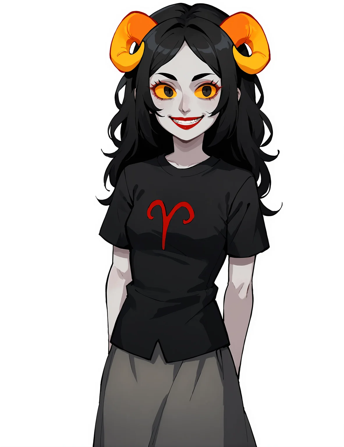 score_9, score_8_up, score_7_up, score_6_up, score_5_up, score_4_up, 2d, anime, anime artstyle, simple shadows, flat coloring, flat shadows, thick lines, white outline, <lora:Aradia_Megido_Homestuck_-_Starter_outfit_Deadalive_versions:0.9>, aradiastart, grey skin, yellow sclera, 1girl, solo, long hair, looking at viewer, smile, skirt, simple background, shirt, black hair, white background, horns, teeth, grin, black shirt, makeup, colored skin, arms behind back, lipstick, grey skirt, colored sclera, grey skin, yellow sclera BREAK source_anime