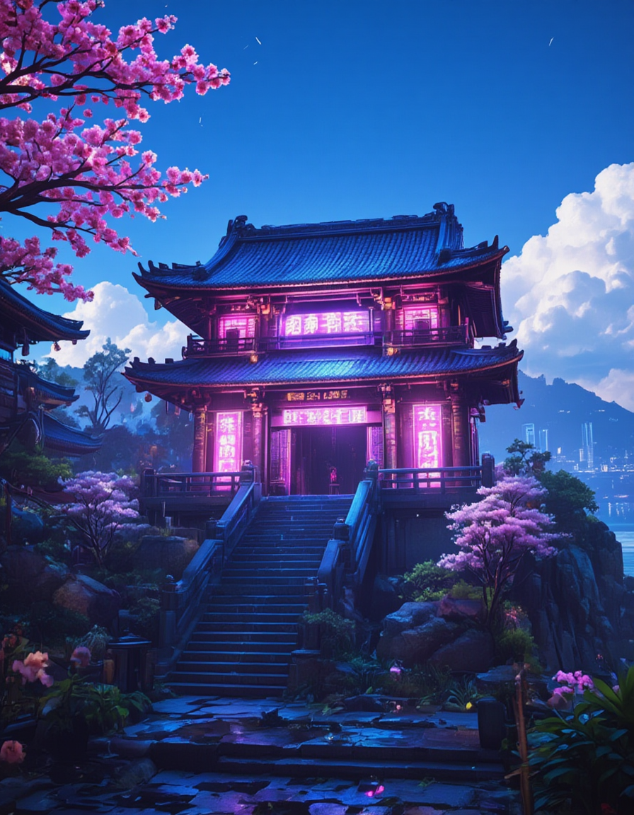 <lora:Cyberpunk_Temples_flux:1>  realistic photo, cyberpunk asian temple, neons, cherry blossom, glowing kanji, blue sky, sunny day, glowing flowers, vegetation, on a mountain, stairs, tree, sea