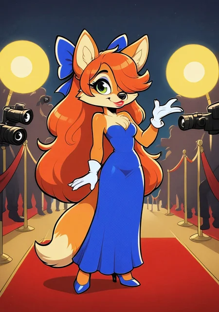 Rubberhose style illustration of a fox with very long ginger hair and red lipstick stands in an blue strapless dress, 1girl, solo, back hair bow, hair over one eye, animal ears, high heels, furry, very long hair, furry female, dress, tail, full body, green eyes, blue footwear, standing, blue dress, ginger hair, white gloves, chest fluff, sleeveless, bare shoulders, night, detailed background, orange fur, smile, happy, makeup, animal nose, 4_fingers, crowd, red carpet, camera flash,<lora:Wizards_Vintage_Rubber_Hose__1930s_Animation_Style:1> score_9, score_8_up, score_7_up, score_6_up, score_5_up, score_4_up, zPDXL2, source_cartoon, rating_safe <lora:Red_Carpet:0.8>