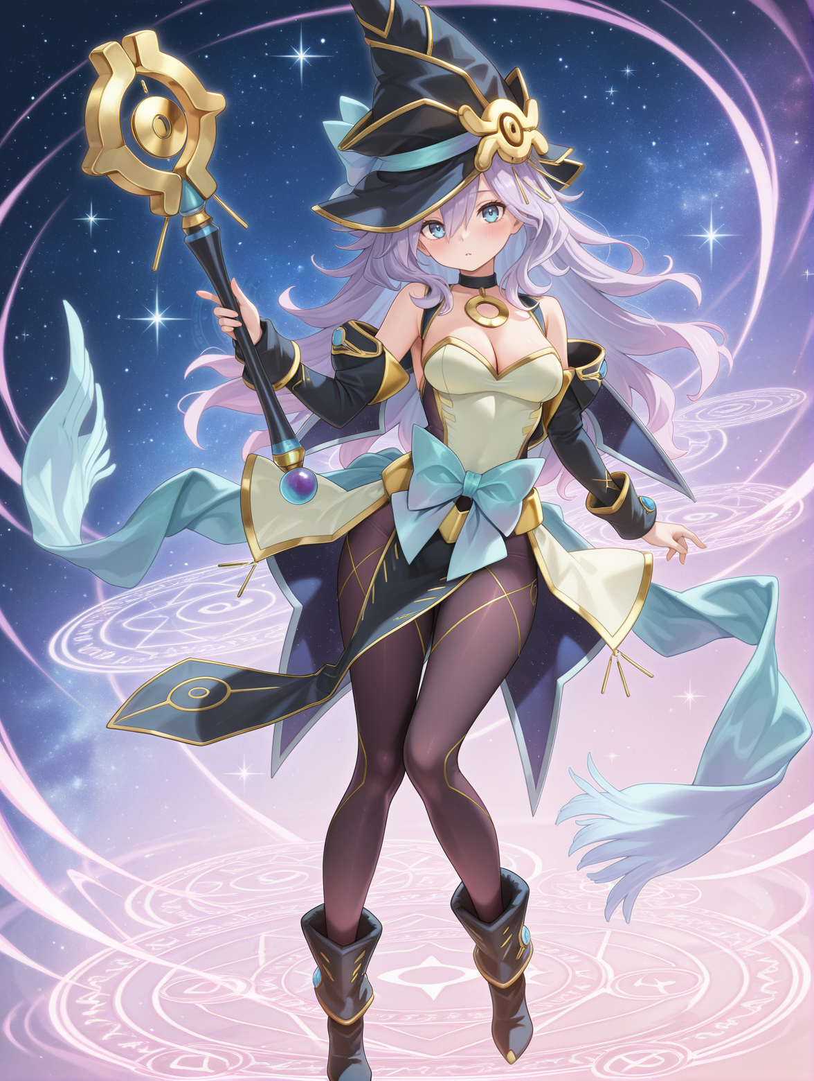 nightmare apprentice,1girl,solo,holding staff,staff,sparkle,looking at viewer,full body,medium breasts,cleavage,white leotard,black choker,black detached sleeves,black pelvic curtain,cyan bow,black bodystocking,starry background,black boots,black witch hat,magic circle,
masterpiece,best quality,amazing quality,very aesthetic,absurdres,newest,<lora:Nightmare Apprentice illuXL v1:0.72>,