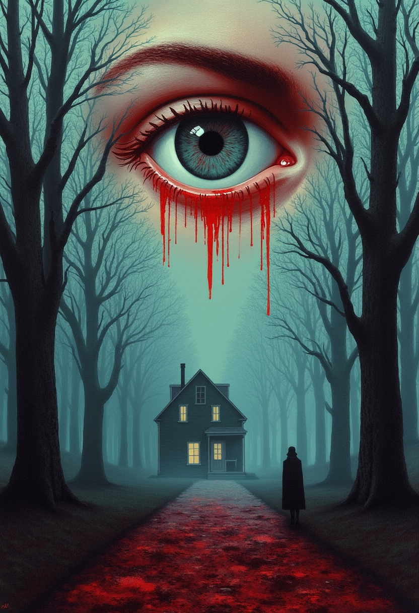 yfg-magritte A dark fantasy, surreal horror composition featuring a large, sinister eye with detailed irises hovering over a haunted house. The scene is awash in blood red splatters and dripping textures, creating an eerie, nightmarish atmosphere. The background features twisted, shadowy trees and fog, shrouding a creepy old house with flickering lights. A lone figure stands in the distance, shrouded in fog, adding to the sense of mystery and dread. The overall color palette features deep reds, blacks and cool blues, with intricate shadows and texture details mixing horror and surrealism. Horror show, monster, nightmare, fear.