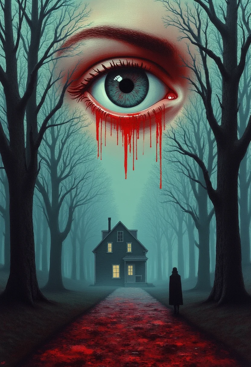 yfg-magritte A dark fantasy, surreal horror composition featuring a large, sinister eye with detailed irises hovering over a haunted house. The scene is awash in blood red splatters and dripping textures, creating an eerie, nightmarish atmosphere. The background features twisted, shadowy trees and fog, shrouding a creepy old house with flickering lights. A lone figure stands in the distance, shrouded in fog, adding to the sense of mystery and dread. The overall color palette features deep reds, blacks and cool blues, with intricate shadows and texture details mixing horror and surrealism. Horror show, monster, nightmare, fear.