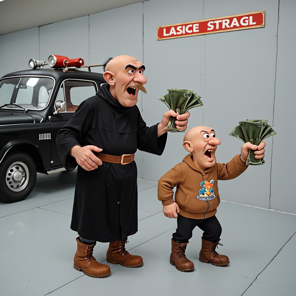 Retro pin-up style advertisement - a sticker on the vehicle preceding you, above its licence plates, 
the sticker features
a senior semirealistic man, Gargamel,  bald top of head, black hair near ears, black robe, brown boots, 
sutm, hand up, open mouth, holding object, money,
Negative space, framing device, leading lines, rule of third. Ray tracing.