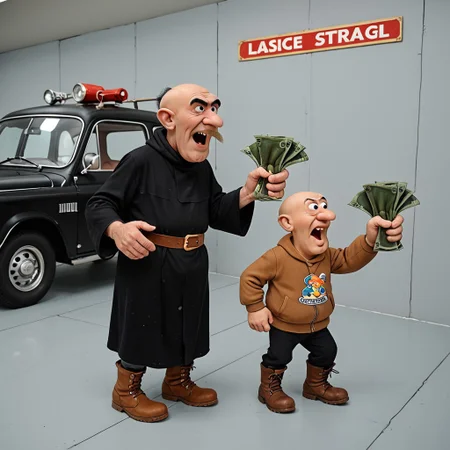 Retro pin-up style advertisement - a sticker on the vehicle preceding you, above its licence plates, 
the sticker features
a senior semirealistic man, Gargamel,  bald top of head, black hair near ears, black robe, brown boots, 
sutm, hand up, open mouth, holding object, money,
Negative space, framing device, leading lines, rule of third. Ray tracing.
