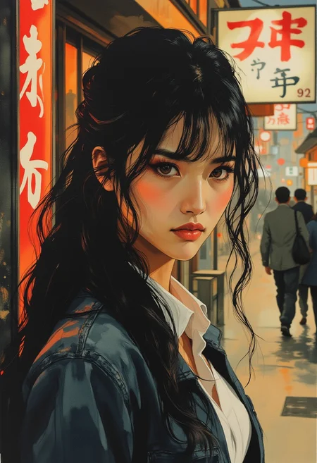 in the style of ck-mgs, nistyle, , ArsMJStyle, Expressive Watercolor Ink Wash, Inkplash art on rice paper, sepia, henna, Silhouette Art, magnificent, inksplash closeup portrait of stunning japanese woman, long loose hair, bangs, denim jacket, white blouse, leaning against a neon sign on a traditional Japanese street, night, neon signs, bokeh
