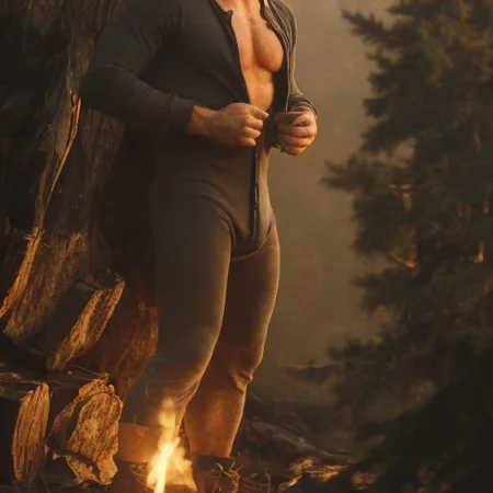 A closeup photo of (an attractive man wearing a union suit with a dick print:1.2) <lora:unionsuits_v15:1> , (chest hair:1.1), mustache, cabin in the woods background, chopping wood, ruggedly handsome, modelshoot style, morning, (extremely detailed CG unity 8k wallpaper), photo of the most beautiful artwork in the world, professional majestic oil painting by Ed Blinkey, Atey Ghailan, Studio Ghibli, by Jeremy Mann, Greg Manchess, Antonio Moro, trending on ArtStation, trending on CGSociety, Intricate, High Detail, Sharp focus, dramatic, photorealistic painting art by midjourney and greg rutkowski, homoerotic, (from_below:1.1)