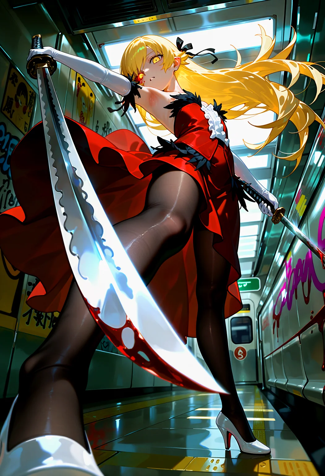 1girl, petite, oshino shinobu, kiss-shot acerola-orion heart-under-blade \(cosplay\), yellow eyes, glowing eye, blonde hair, flat chest, strapless dress, red dress, black pantyhose, fine fabric emphasis, black hair ribbon, black feather trim, white elbow gloves, white shoes, high heels, incoming attack, holding katana, blood, dynamic pose, fisheye lens, subway station, graffiti, BREAK masterpiece, best quality, amazing quality, very aesthetic, absurdres, newest, photo-referenced, detailed lighting, detailed shading, detailed background, detailed foreground, detailed clothing, detailed eyes, chiaroscuro, dark, dutch angle, perspective, close-up,