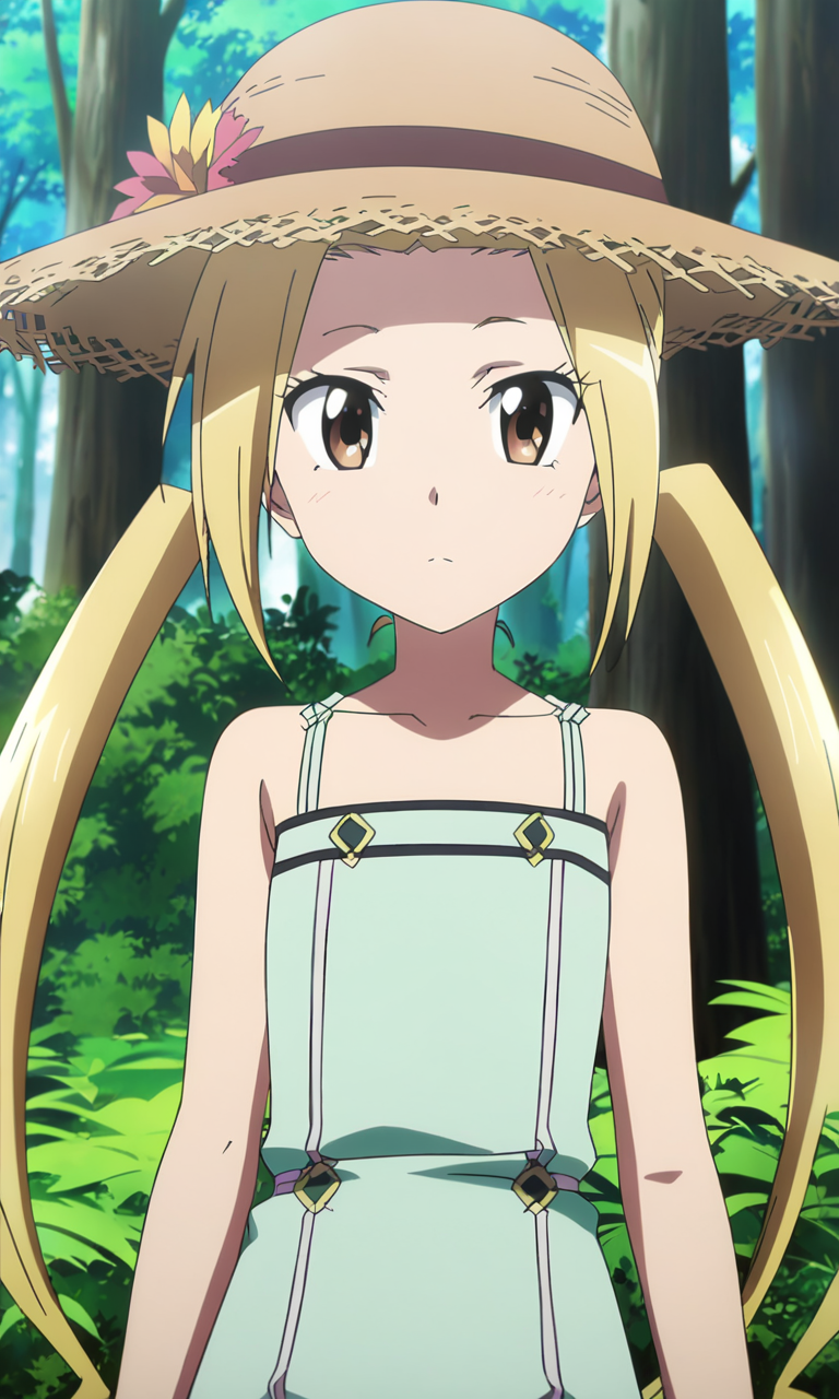 anime artwork hagimura suzu, 1girl, long hair, blonde hair, twintails, brown eyes, petite, flat chested, (straw = hat), forest,masterpiece,best quality,8k highres . anime style, key visual, vibrant, studio anime, highly detailed