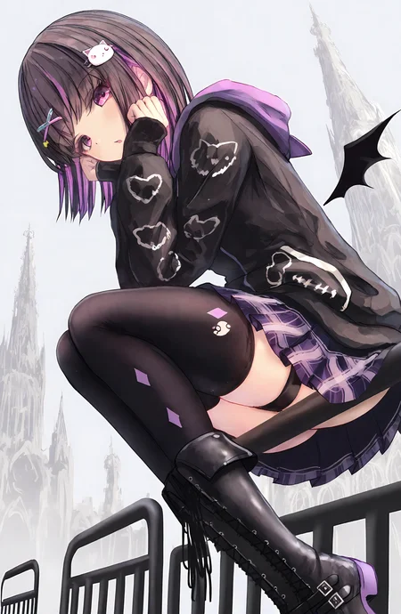 1girl, solo, looking_at_viewer, simple_background, skirt, black_hair, long_sleeves, hair_ornament, thighhighs, sitting, purple_eyes, purple_hair, multicolored_hair, pleated_skirt, boots, wings, hairclip, black_thighhighs, hood, black_footwear, grey_background, sleeves_past_wrists, plaid, hoodie, plaid_skirt, hood_down, purple_skirt, black_hoodie, cat_hair_ornament