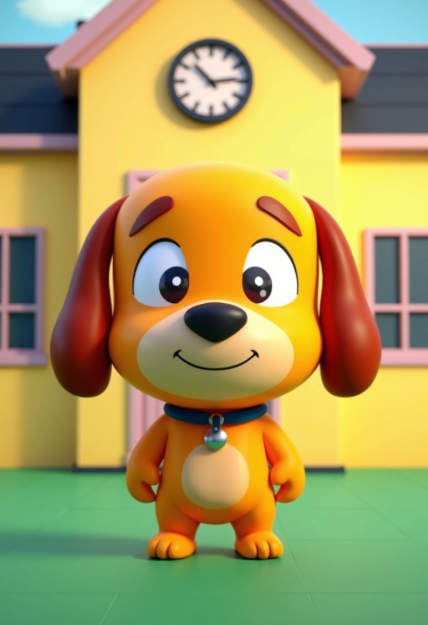 an image in the style of the tv show south park of A 3D-rendered isabelle (animal crossing), anthro-dog in a simple cartoon style with large plain eyes and a large round head. Simple and cute, standing in front of a yellow school building