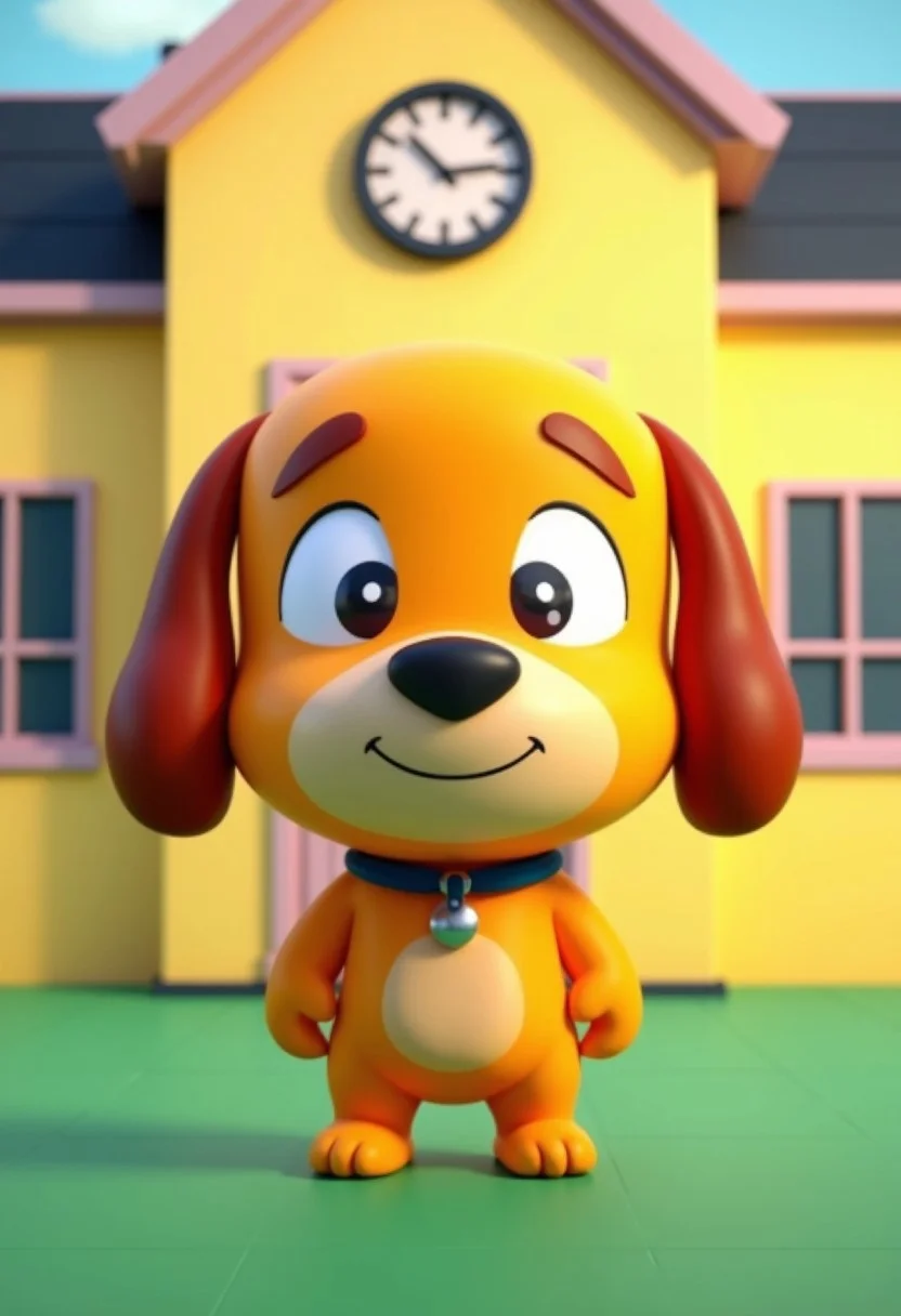 an image in the style of the tv show south park of A 3D-rendered isabelle (animal crossing), anthro-dog in a simple cartoon style with large plain eyes and a large round head. Simple and cute, standing in front of a yellow school building