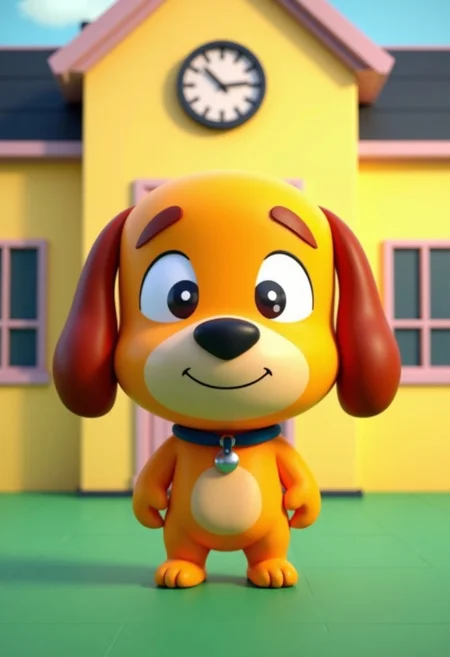 an image in the style of the tv show south park of A 3D-rendered isabelle (animal crossing), anthro-dog in a simple cartoon style with large plain eyes and a large round head. Simple and cute, standing in front of a yellow school building