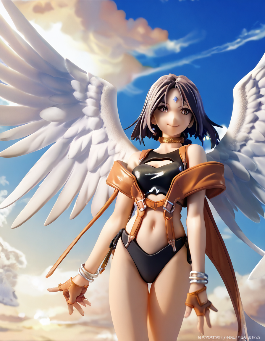 score_9, score_8_up, score_7_up, score_6_up, score_5_up, score_4_up, source_anime,  , Peorth, smile, gloves, navel, cleavage, jewelry, swimsuit, bikini, wings, sky, choker, day, midriff, cloud, fingerless gloves, bracelet, clothing cutout, cleavage cutout, angel,