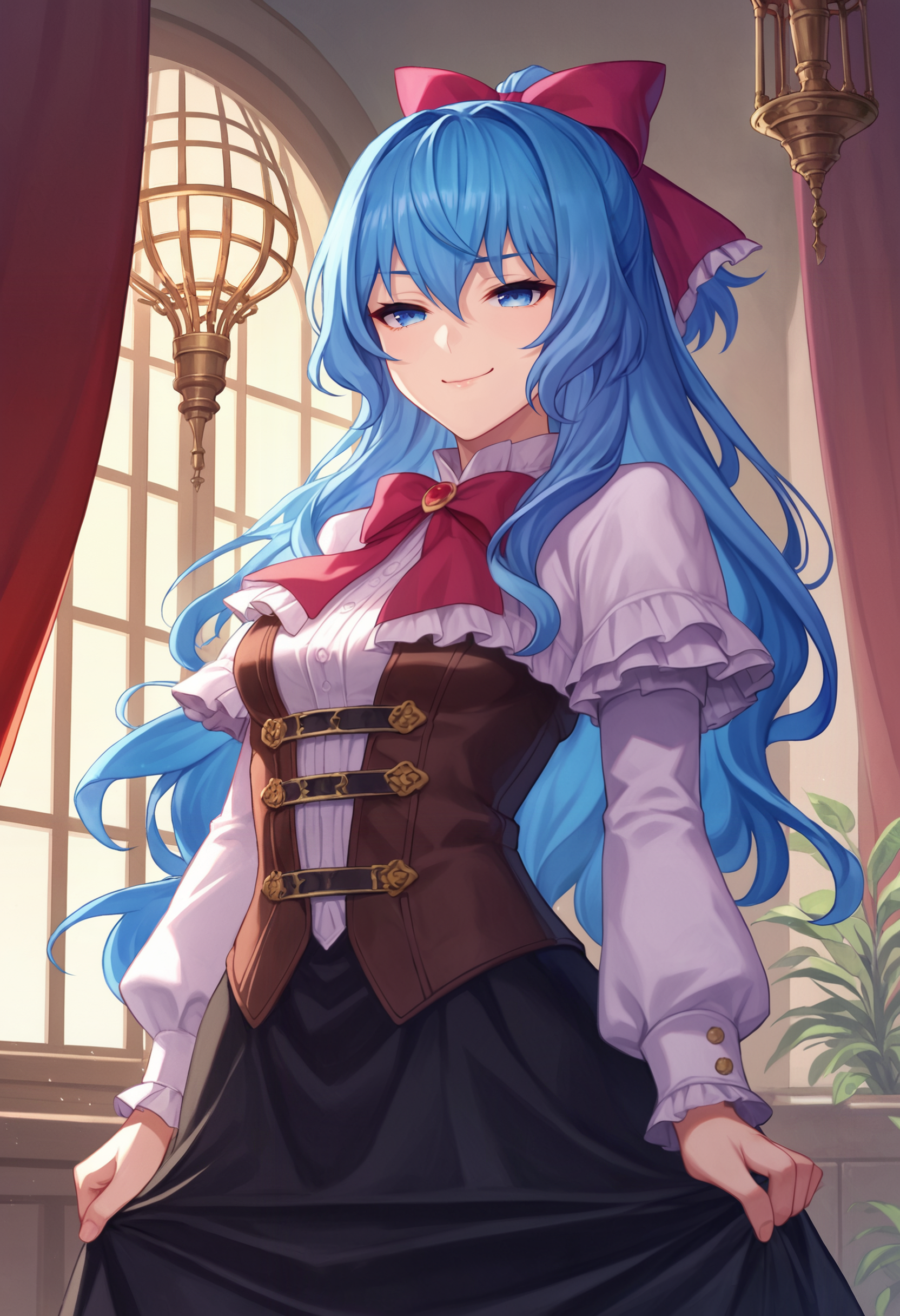 zPDXL, source_anime, BREAK
liselotte, blue hair, sidelocks, blue eyes,
closed mouth, naughty face,
default outfit,  hair bow, black skirt,
cowboy shot, standing,
indoors   <lora:liselotte-cretia-pdxl2-005:0.6>