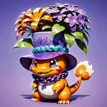 in a flower pot, an anthropomorphic fluffy charmander who has large arms, purple white foot, especially retracted up in a horn, and with a purple/purple horn ruffled to the side of  the braid