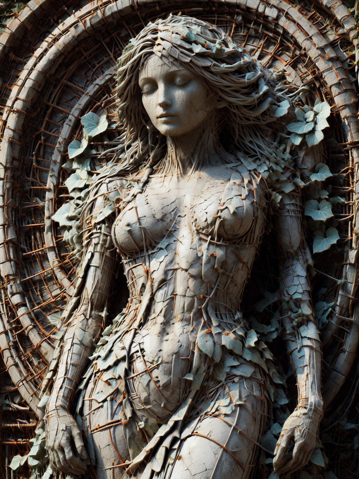 statue of a woman made of mad-rnfcnct covered in mad-efeu, in the style of alphonse mucha  <lora:Derilict_Concret_SDXL:1.2>  <lora:Ivy_SDXL:0.6>, (masterpiece:1.2), best quality, (hyperdetailed, highest detailed:1.2), high resolution textures
