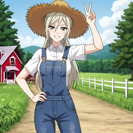 Elentzia_TR, pale blonde hair, ponytail, gray eyes, medium breasts, white shirt, overalls, outside, cottage, farm, straw hat, dynamic shot, arm on hip, peace sign, looking at viewer, soft smile, 3/4 view, absurdres, 4kres, source_anime, score_7_or_higher
