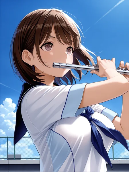 masterpiece,best quality,amazing quality,
1boy,solo,
<lora:anegasaki_nene_ilxl_v1:1>,nene,brown hair,brown eyes,big breasts,
n_s_clothes,white shirt,short_sleeves,blue neckerchief,
<lora:Fixhands_anime_bdsqlsz_V1:1>,instrument,flute,blue sky,cloud,rooftop,upper_body,portrait,