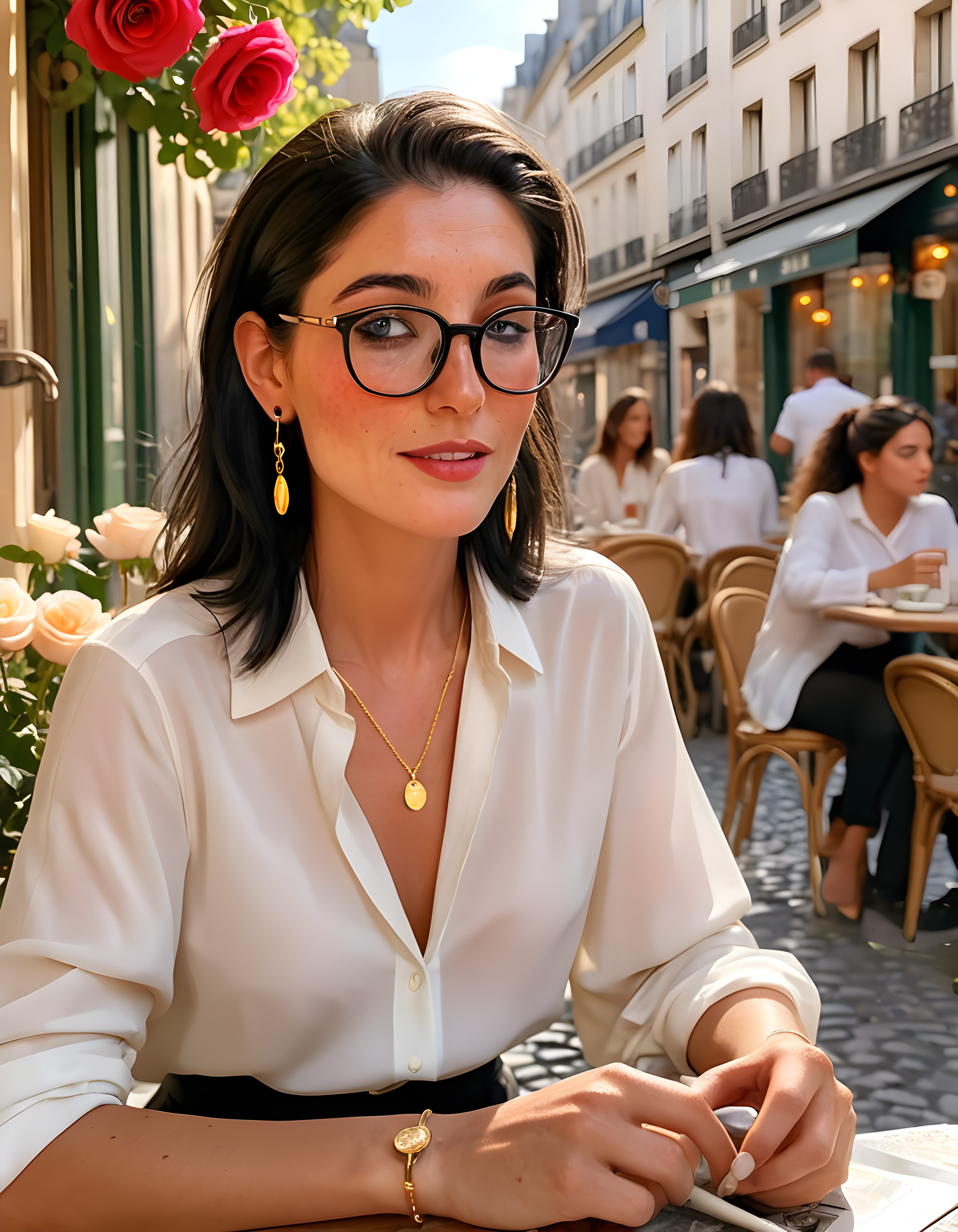 In a bustling, sunlit Parisian café nestled among the cobblestone streets of Montmartre, EMM4S, a woman with black hair and freckles, sits alone at an outdoor table. She dons a chic, minimalist outfit featuring a crisp white blouse and loose-fitting black trousers, accessorized with a delicate gold necklace and striking black-framed glasses that sit elegantly on her nose. Her demeanor is thoughtful yet animated as she sips her café au lait, a warm smile playing upon her lips. The vibrant background of the scene includes the colorful facades of nearby buildings, the swaying branches of a tree, and a cluster of flower pots filled with blooming roses, all bathed in the soft, golden light filtering through the Parisian afternoon. The camera angle is slightly above and to the side, offering a captivating view of EMM4S's profile as she leans forward, her gaze focused on a small sketchbook resting upon the table, adorned with dangling black earrings that catch the sunlight.
