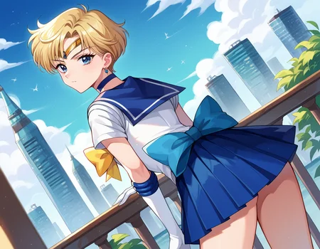 score_9, score_8_up, score_7_up, source_anime,
sailoruranus, <lora:sailor-uranus-ponyxl-lora-nochekaiser:1>
sailor uranus, blonde hair, blue eyes, parted bangs, short hair, very short hair,
back bow, blue bow, blue choker, blue gemstone, blue sailor collar, blue skirt, bow, bowtie, choker, circlet, earrings, elbow gloves, gem, gloves, jewelry, miniskirt, pleated skirt, sailor collar, shirt, short sleeves, skirt, white gloves, white shirt, yellow bow, yellow bowtie,
outdoors, cityscape, bent over,
looking at viewer, cowboy shot, dutch angle,