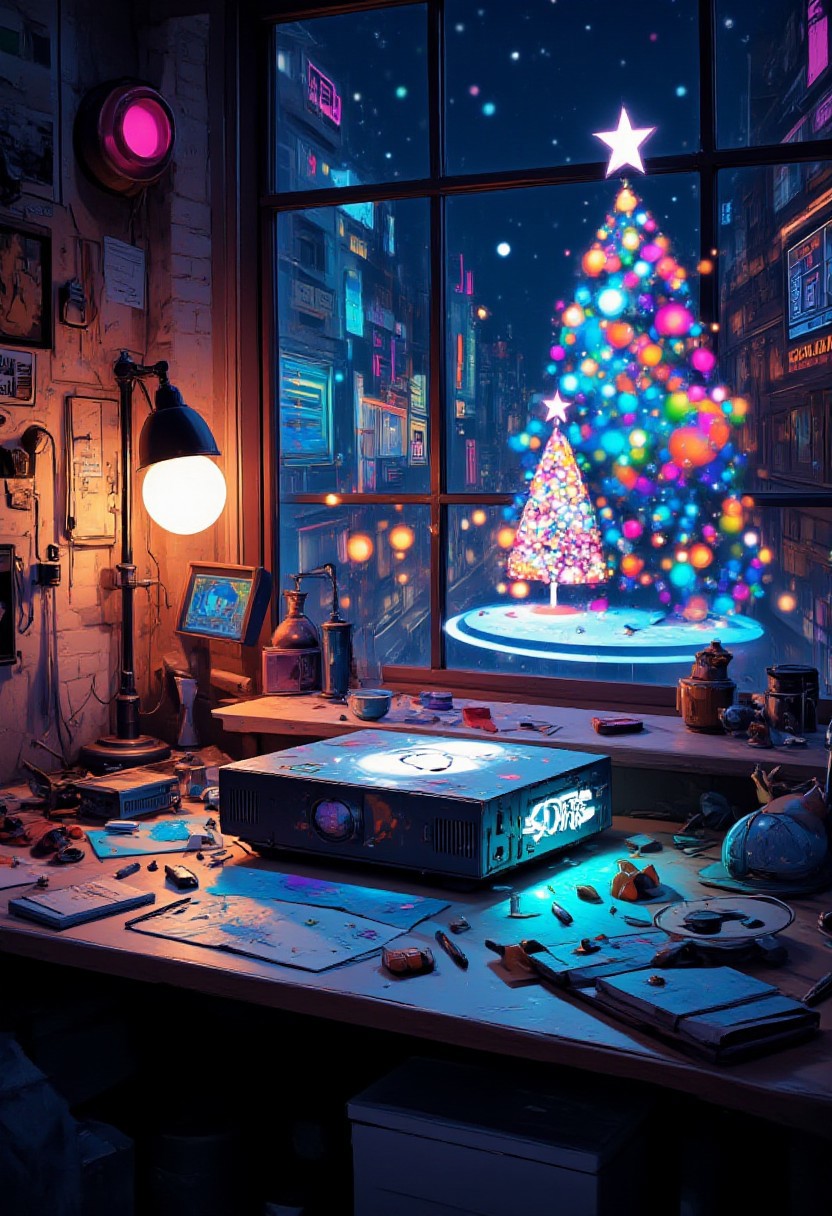 xmas_style_2K24, Create a high-quality, extremely detailed digital graffiti drawing of a futuristic projector on a desk in a cyberpunk workshop. The projector is sleek and tech-enhanced, with a metallic finish and neon accents. It is projecting a hologram of a Christmas tree with dazzling, multicolored lights. The tree is vibrant and three-dimensional, casting a soft glow over the workspace. The desk is cluttered with futuristic tools, circuit boards, and holographic displays. The background features a cyberpunk cityscape visible through a window, with neon lights and digital billboards adding to the futuristic atmosphere. The scene combines the warmth of the holiday season with the advanced technology of a cyberpunk world.