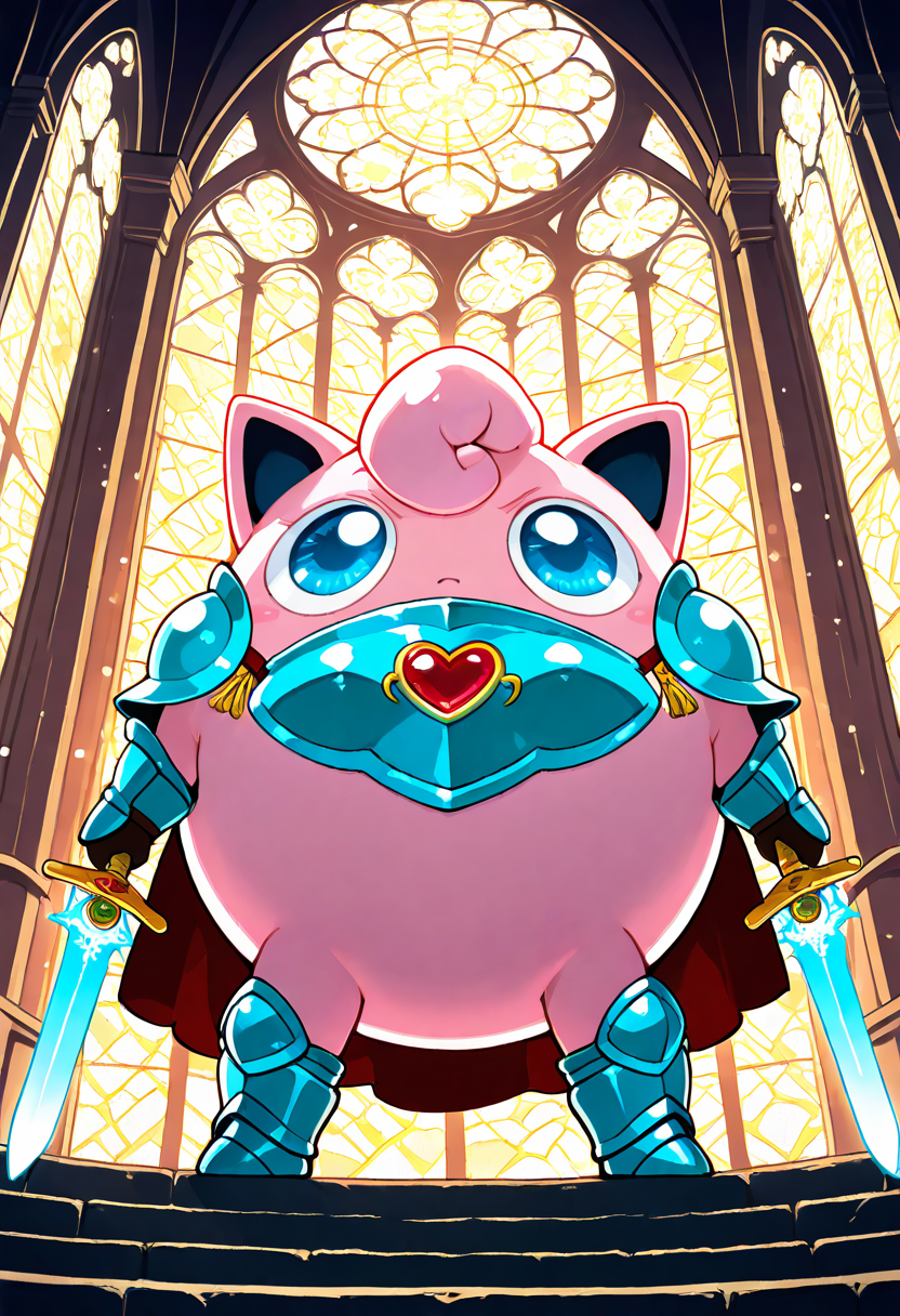 masterpiece, best quality, no humans,  zzJigs, shining bubble-shaped armor, heart crest on chestplate, toy-like sword, floating bubble dragons, royal castle in distance, sparkling drawbridge, sunlight through stained glass, determined expression, puffy cape, magical forest background, enchanted battlefield, heroâs glow  Clad in armor that glistens like morning dew, zzJigs rides forth from the castle, her blade raised high as magical bubbles swirl around her like a glittering army.  <lora:JigglypuffPokedex_IXL:1.0>,    <lora:ZankuroStyle_NAI:0.5>,   <lora:HaradaTakehito_NAI:0.5>,
