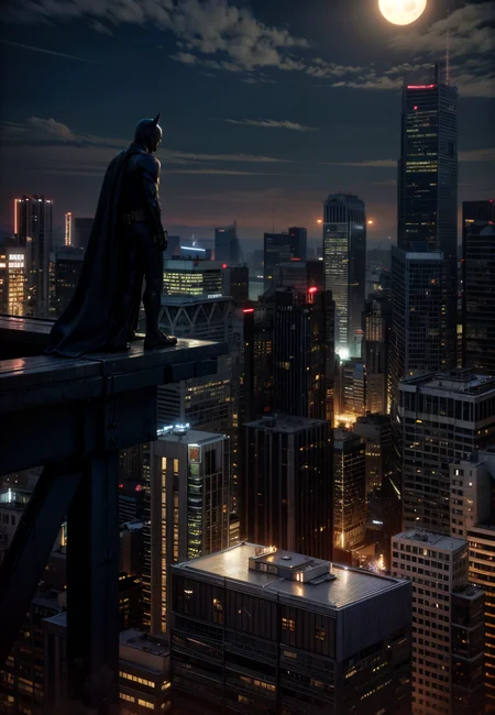 batman standing on top of buliding, (full moon), skyscraper, completely dark, dark theme, backlight, ((ultra-detailed)), (highly detailed CG illustration),(expressionless), (best quality:1.2), High quality texture, intricate details, detailed texture, High quality shadow, depth of field, perspective,20s, distinct_image, (lustrous skin), <lora:add_detail:0.7>, <lora:detailed_notrigger:0.7>,  <lora:picxer_real:0.7>,