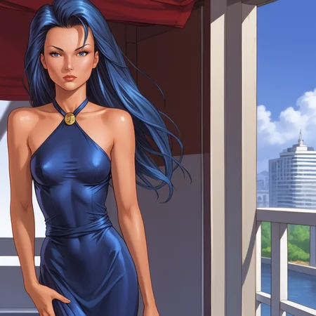 <lora:Shi_pony_v1:.75> Shi, 1girl, long hair,  retro artstyle, blue hair, 1990s (style), 1980s (style), cowboy shot,  <lora:0932 Home wear 9_v1_pony:1> ruanyi0932,blue dress,halter dress,sleeveless,cowboy shot,taut dress,skin tight,long dress