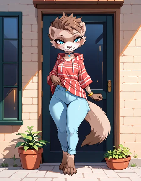 masterpiece, best quality, very aesthetic, absurdres,
outdoors,
casual, 
full body, standing, posing,
 seductive smile, parted lips, long eyelashes,
<lora:MiX_v01_NAIXL:1>
M1x,1girl,solo,furry,furry female,brown hair,short hair,blue eyes,snout,animal nose,fang,choker,body fur,two-tone fur,browm fur,claws,white fur,tail,