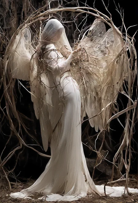side, that angel pulling on wings a translucent soul soothing in fantasy of unfathomable beauty morphing covered in semi-transparent branches, detailed background, perfect composition, 8k, hdri, colorful, masterpiece,   <lora:- SDXL - covered_in_stuff_V1.0:.8>
