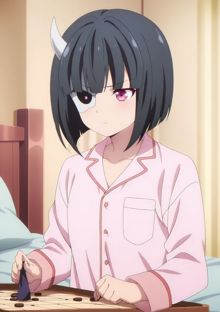 volumetric lighting, official style, amazing quality, ultra detailed, highres, detailed background,anime coloring, (anime screencap) masterpiece, detailed face,1girl<lora:Rin_Onigawara__:0.8>Rin_Onigawara, solo, pajamas, black hair, horns, short hair,holding board game, long sleeves, upper body, bed, bob cut, indoors, pink pajamas, bangs, closed mouth