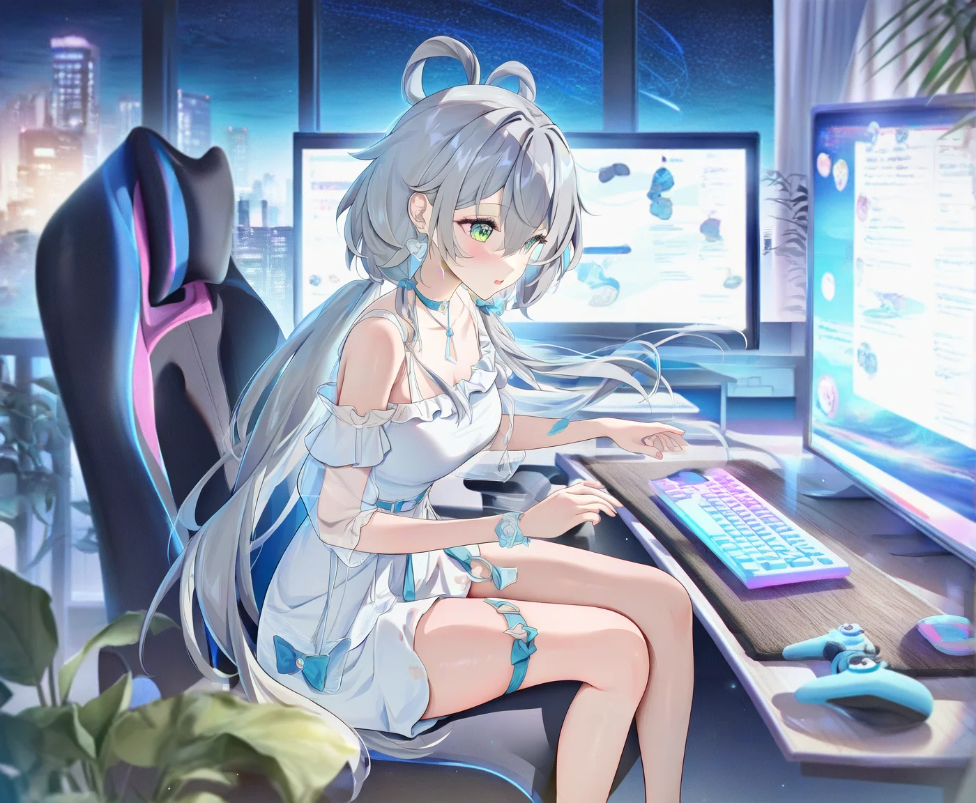 masterpiece,best quality,newest,absurdres,highres,safe,1girl,amazing quality,very aesthetic,artist:torino,artist:houkisei,
play computer,