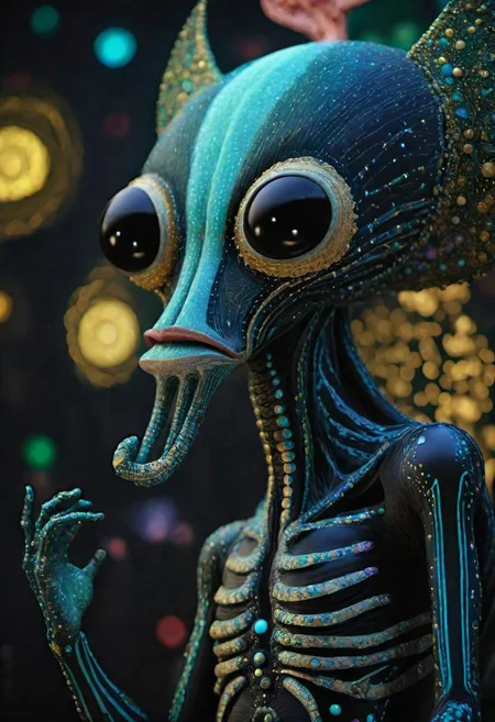 night alien kiss, basquiat, klimt, magritte, android jones,photorealistic, 8k, hq, sharp focus, dof