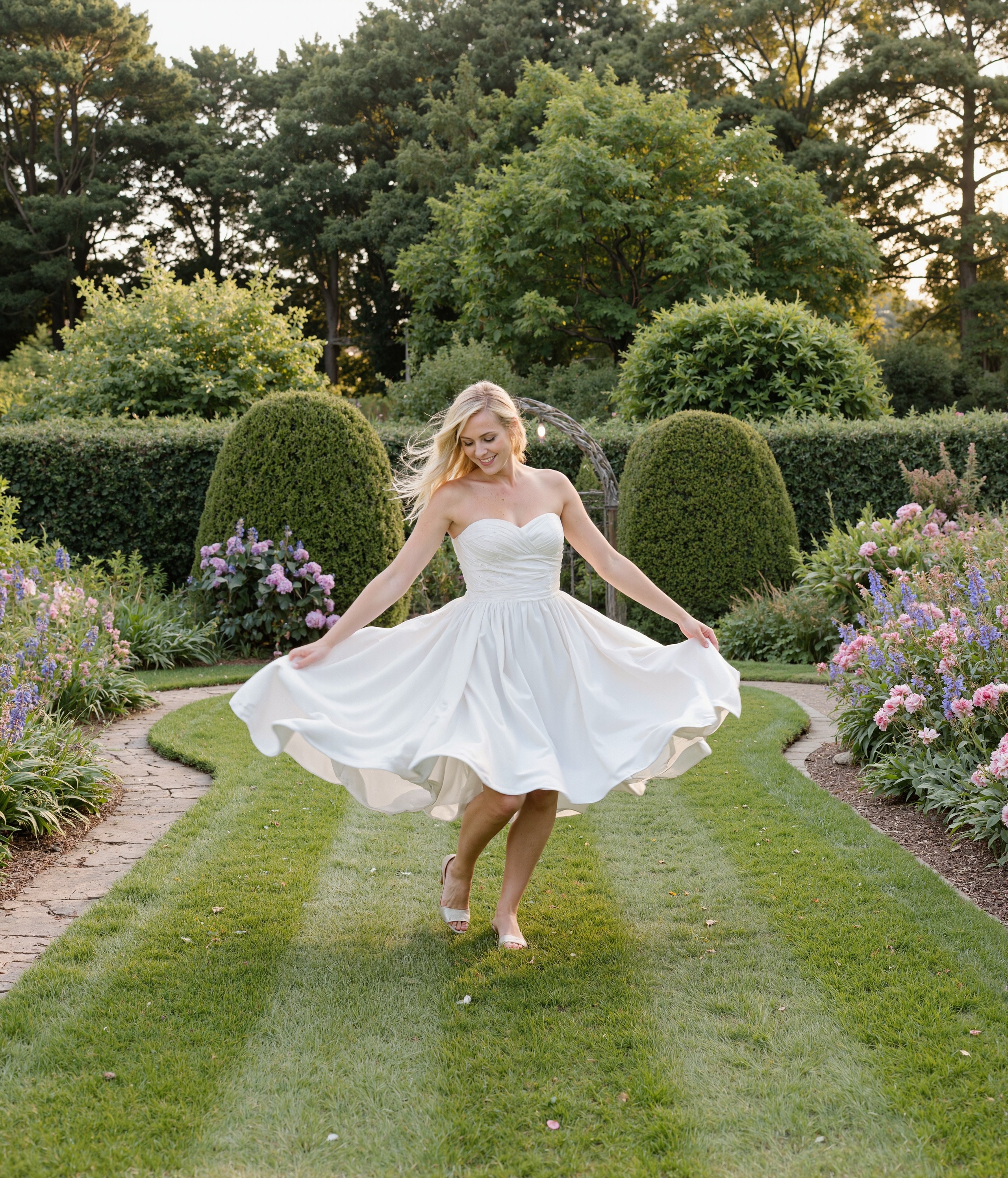 This image captures a joyful and whimsical moment in what appears to be an English or cottage-style garden. The setting is a beautifully maintained garden space with a natural, romantic aesthetic. The scene takes place on a well-manicured lawn that provides a vivid green canvas for the photograph. A traditional stone or brick pathway runs along the left side of the frame, adding structure to the garden's design. This pathway is bordered by abundant flower beds showcasing a gorgeous mix of blooms. The border includes what appear to be delphiniums in shades of purple and blue, along with various pink flowers that might be roses or other cottage garden varieties. The planting style is informal and naturalistic, characteristic of English garden design. The background of the image features mature trees and shrubs creating a lush, green backdrop. Their foliage appears full and healthy, suggesting this photo was taken during the height of summer. The overall garden design creates a sense of enclosure and privacy, with taller plantings forming natural walls around the lawn area. At the center of the image is a young blone women person wearing a white strapless wedding dress, captured in a moment of pure joy and movement. The dress is the focal point of the image, with its full skirt billowing out dramatically as the wearer spins. The movement creates a beautiful circular shape with the fabric, reminiscent of a blooming flower or a dancer's pirouette. The dress appears to be a wedding dress, suggesting this might be a bride on her wedding day or during a bridal photo session. The person's pose is dynamic and playful, with arms outstretched for balance as they twirl, creating a sense of freedom and celebration. Their expression suggests happiness and abandon, perfectly matching the action of the moment. They're wearing what appear to be light-colored shoes, possibly heels, though these are partially obscured by the motion and the grass. The lighting in the image suggests it was taken during what photographers call the "golden hour" - either late afternoon or early evening - when the sun is lower in the sky and creates a soft, warm quality of light. This lighting enhances the romantic atmosphere of the scene and adds to its dreamlike quality. The composition of the photograph is well-balanced, with the spinning figure positioned slightly off-center, allowing the garden setting to play an important supporting role in the overall image. The curve of the pathway leads the eye naturally to the main subject, while the vertical elements of the taller plants and trees frame the scene perfectly. This image successfully captures a moment of pure joy and celebration, combining the natural beauty of a well-designed garden with the emotional expression of what appears to be a significant life event. The movement of the dress, the lush garden setting, and the evident happiness of the subject come together to create a photograph that feels both spontaneous and carefully composed. It's the kind of image that embodies celebration, freedom, and the kind of unrestrained joy that makes for truly memorable photographs. Copy