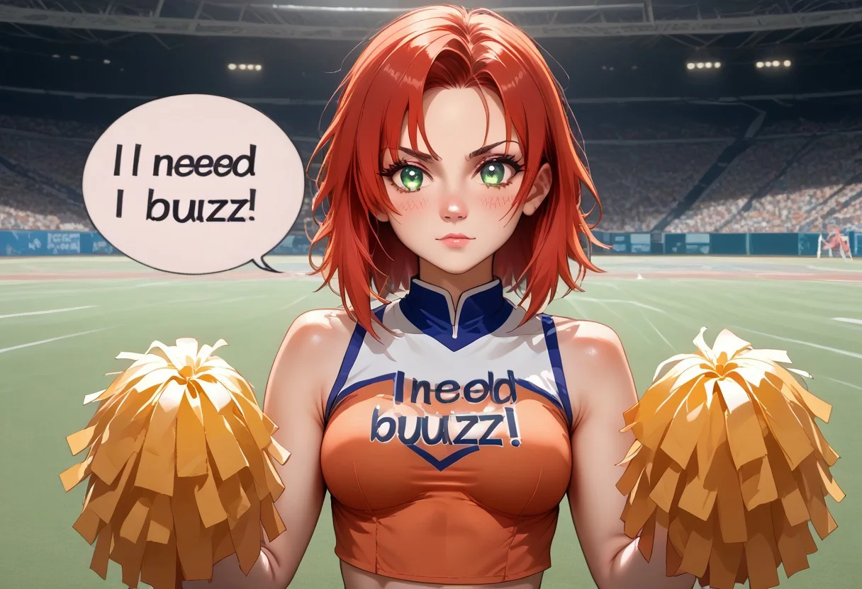 score_9, score_8_up, score_7_up, score_6_up, highest quality, high detail, accurate, correct hand, 5-fingers, perfect anatomy, best quality, beautiful lighting, (highest quality), perfect face, (1girl, Aela the Huntress), full body view, red hair, green eyes, medium breasts, jyojifuku, cheerleader, pom pom \(cheerleading\), need_buzz, holding sign, I NEED BUZZ