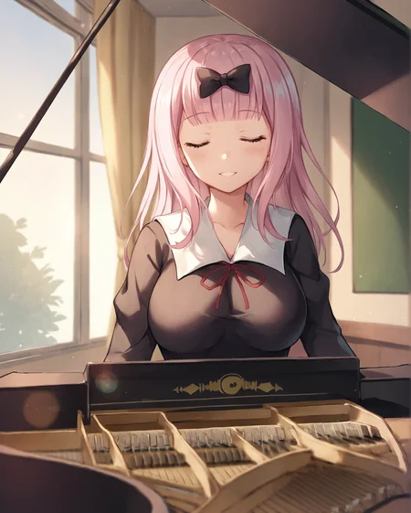 score_9, score_8_up, score_7_up, source_anime BREAK 1girl, solo, fujiwara chika, kaguya-sama wa kokurasetai ~tensai-tachi no renai zunousen~, shuuchiin academy school uniform, indoors, pink hair, blunt bangs, closed eyes, large breasts, perky breasts, parted lips, closed mouth, blush, sitting, playing instrument, piano, implied playing piano, playing piano, upper body, classroom, music, musical note, grand piano, small smile, seductive smile, playing_piano_front_view, <lora:Playing_piano_front_view:1>, rating_questionable