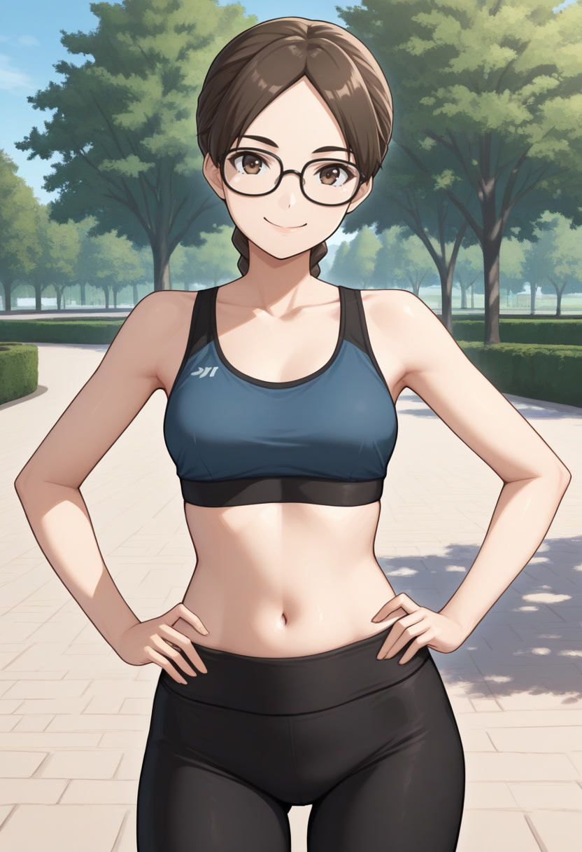 masterpiece, best quality, 1girl, solo, looking at viewer, cowboy shot, smile, park, blue sky hands on hips
brown sports bra, black yoga pants
<lora:zs_UsamiILLU:1> us4mip5, brown hair, brown eyes, braid, glasses,