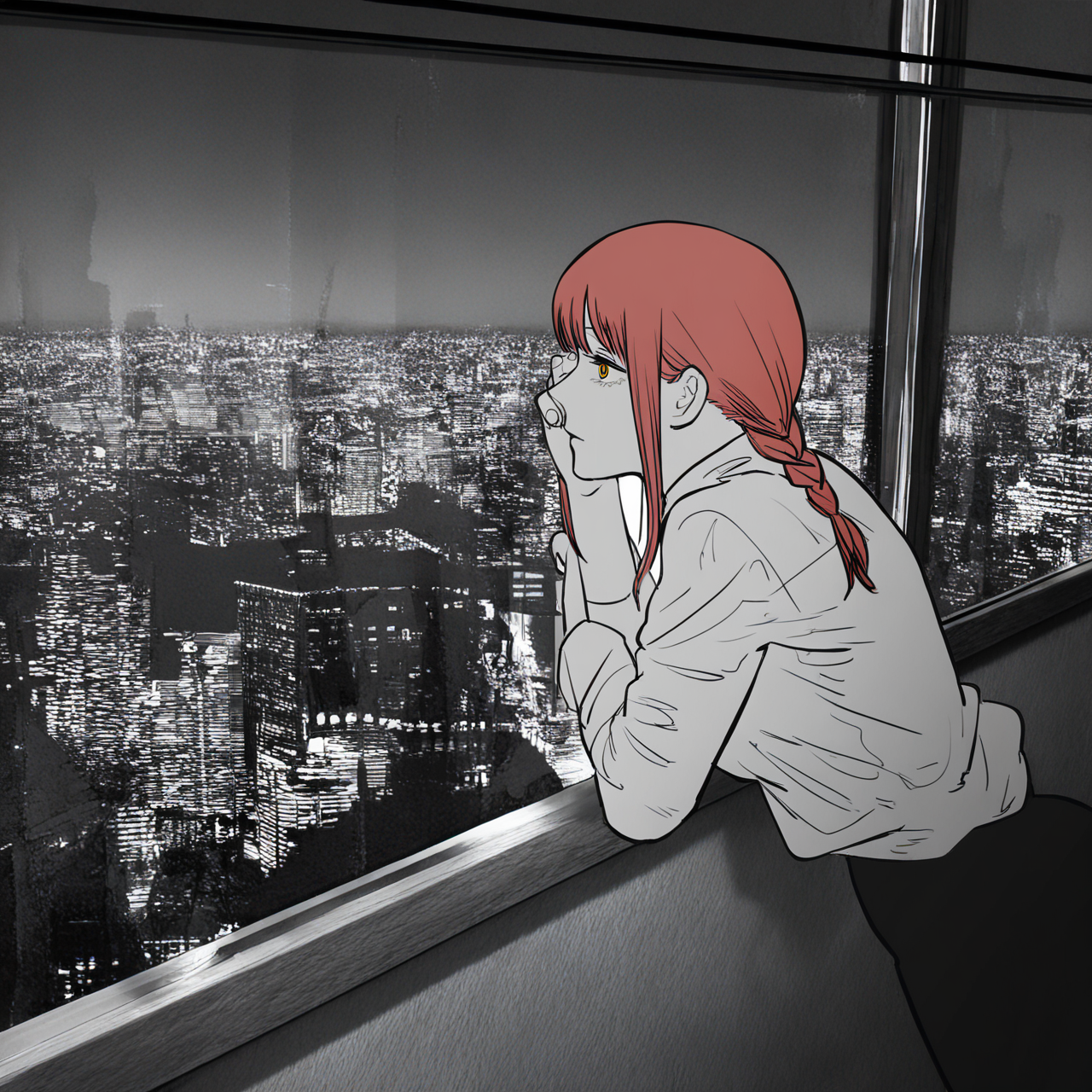 bedroom,(arm support:1.1),window,night,cityscape,glass,(glass reflection:1.1),windowsill,looking far,(white shirt:1.1),(side view:1.2),hand on face,solo,detailed background,scenery,dark theme,dim light,(looking at window:1.1),photo background,head head tilt,from back,
1girl,solo,white shirt,cool girl,makima \(chainsaw man\),red hair,single braid,yellow eyes,
masterpiece,best quality,amazing quality,very aesthetic,highres,absurdres,
ftstyle,<lora:ftstyle-noob05-v2:1>,monochrome,greyscale,
