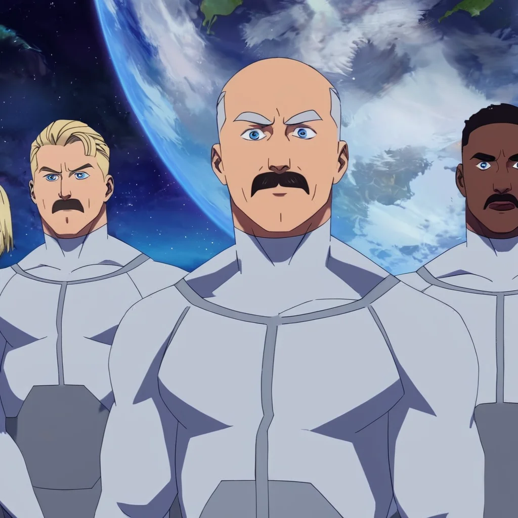 anime artwork of <lora:Invincible (TV series):0.4>
<lora:detailed:0.4> detailed
<lora:perfection style:0.4> perfect
<lora:PerfectEyesXL:0.3>
<lora:Viltrumite:1>
Viltrumite Race a group of people in suits hovering in front of a planet,Viltrumite Empire,looking at viewers,long hair,blue eyes,blonde hair,braid,grey hair,male focus,multiple boys,2boys,bodysuit,blood,facial hair,parody,3boys,mustache,space,bald,planet,earth (planet), anime style, key visual, vibrant, studio anime, highly detailed