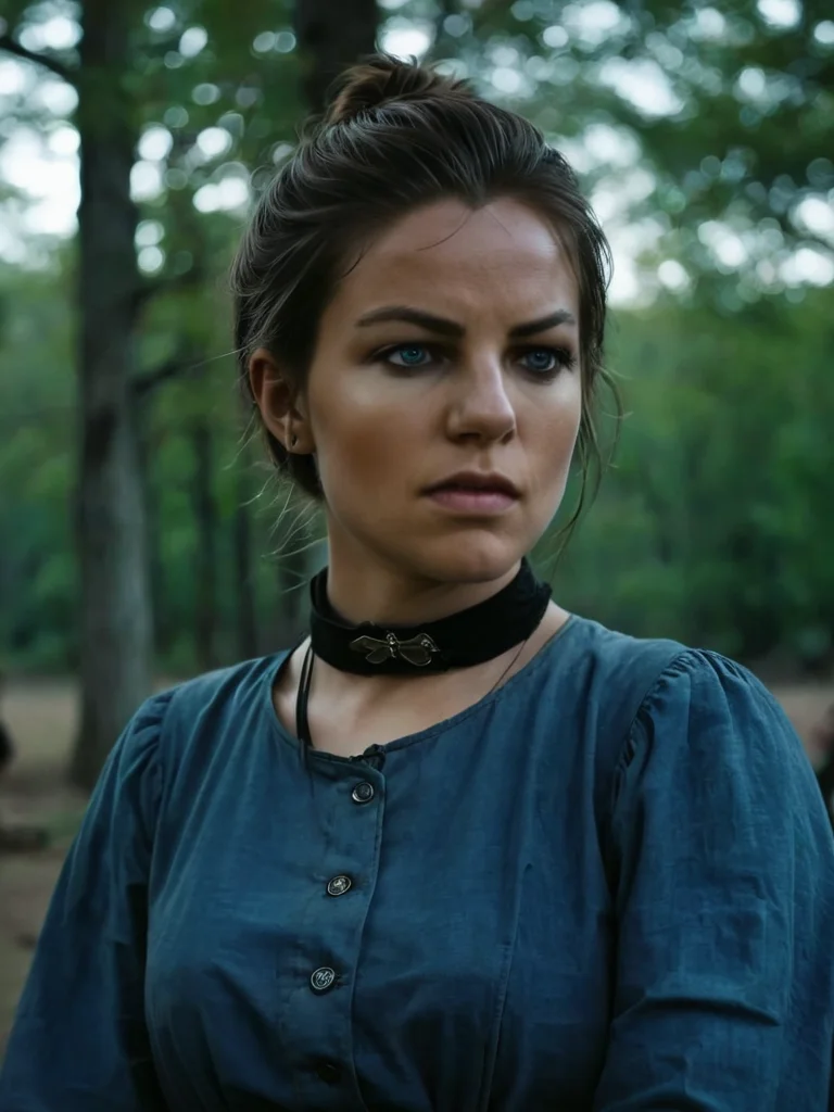<lora:SDXL_AbigailMarstonV1:1.2>, AbigailMarston, with blue eyes and dark brown hair tied in a bun, wearing a blue blouse, a worn-looking black belt, a dark blue long skirt, and black boots, <lora:skin_4:0.3>, <lora:SDXL_DetailedEyes_V3:1>, <lora:Perfect Hands:0.7>, <lora:add-detail-xl:1>, <lora:SDXL_more_details:1>, <lora:SDXL_extremely_detailed:1> ,
anger, interested, medium shot, (masterpiece, high resolution, Technicolor filmstill:1.3), the most hauntingly cute woman, (piercing gaze:1.2), (dark allure:1.1), hands up in a demoralizing camp at evening, casting eerie shadows, (intense expression:1.1), (whispers of the night:1.2), reaching out like skeletal fingers, (perturbing atmosphere:1.2), (fearful presence:1.1), shot on a 35mm Arriflex camera with an Angenieux 25-250mm f/3.2 lens, adding a cinematic quality to the haunting scene, a captivating blend of beauty and darkness in a Technicolor filmstill that evokes an ethereal sense of otherworldly enchantment, perfect eyes