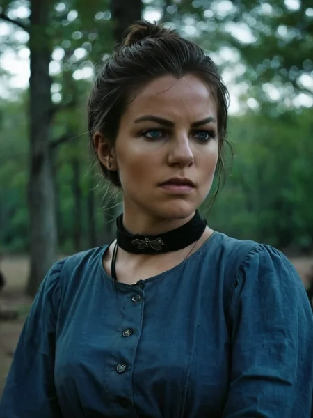 <lora:SDXL_AbigailMarstonV1:1.2>, AbigailMarston, with blue eyes and dark brown hair tied in a bun, wearing a blue blouse, a worn-looking black belt, a dark blue long skirt, and black boots, <lora:skin_4:0.3>, <lora:SDXL_DetailedEyes_V3:1>, <lora:Perfect Hands:0.7>, <lora:add-detail-xl:1>, <lora:SDXL_more_details:1>, <lora:SDXL_extremely_detailed:1> ,
 anger, interested, medium shot, (masterpiece, high resolution, Technicolor filmstill:1.3), the most hauntingly cute woman, (piercing gaze:1.2), (dark allure:1.1), hands up in a demoralizing camp at evening, casting eerie shadows, (intense expression:1.1), (whispers of the night:1.2), reaching out like skeletal fingers, (perturbing atmosphere:1.2), (fearful presence:1.1), shot on a 35mm Arriflex camera with an Angenieux 25-250mm f/3.2 lens, adding a cinematic quality to the haunting scene, a captivating blend of beauty and darkness in a Technicolor filmstill that evokes an ethereal sense of otherworldly enchantment, perfect eyes