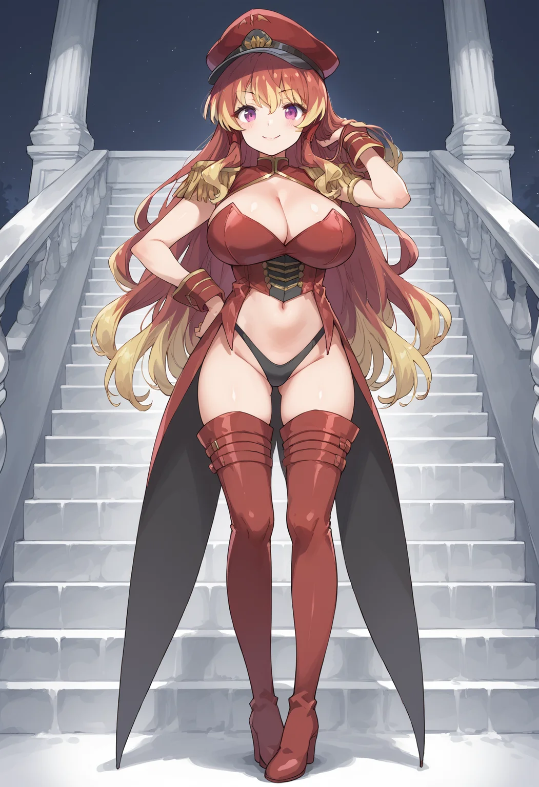 score_9, score_8_up, score_7_up, , score_ANIME,flamingbelial, 1girl, solo, thigh boots, , blonde hair, huge breasts, purple eyes, epaulettes, navel,, smile, looking at viewer, high heel boots, hand on hip, full body, cleavage, hair tubes, peaked cap, gradient hair,, red hair, very long hair, standing, highleg panties, ass visible through thighs, wrist cuffs, blush, closed mouth, corset, , midriff, bangs, sleeveless, tailcoat <lora:flamingbelial_pony:0.8> stairs,