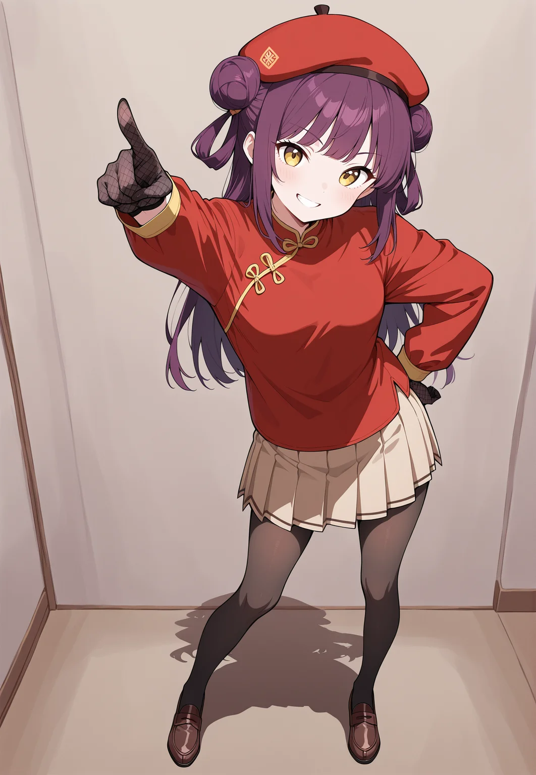 (masterpiece), (best quality), (ultra-detailed), (best illustration), (best shadow), (absurdres), (very aesthetic), 1girl, solo, <lora: ReinV2:1>, rein, purple hair, yellow eyes, long hair, hair buns, small breasts, red hat beret, red chinese clothes, long sleeves, beige skirt, pleated skirt, midi skirt, knee-length skirt, pantyhose, black silk gloves, loafers, full body, pointing at viewer, grin, chinese room, indoors