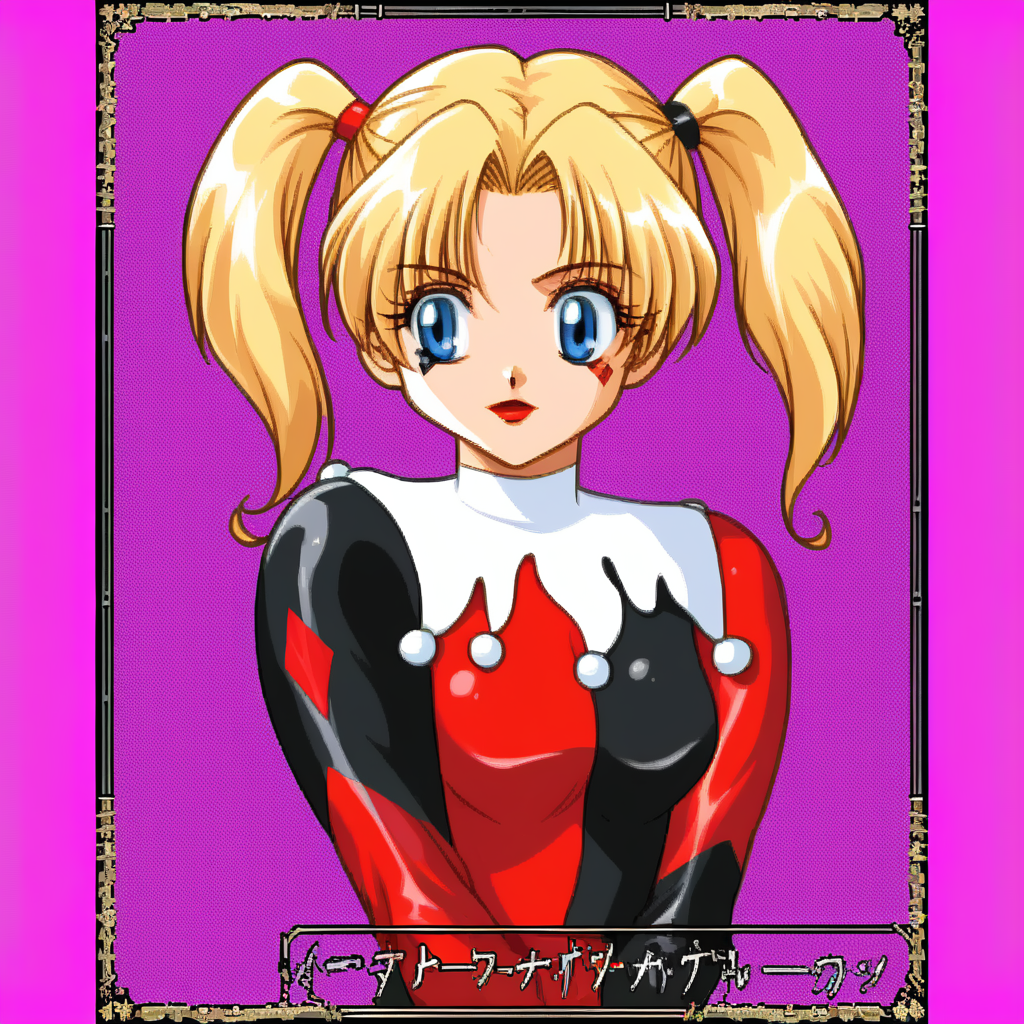KichikuouRncStyle, purple background, simple background, retro artstyle, upper body,source_dc,harley quinn, <lora:KichikuouRncPortraitStyle_Pony-000009:0.8>
